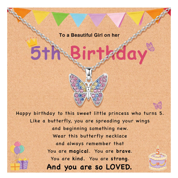 Silver-tone butterfly wish necklace with pink and blue gemstone wings on chain