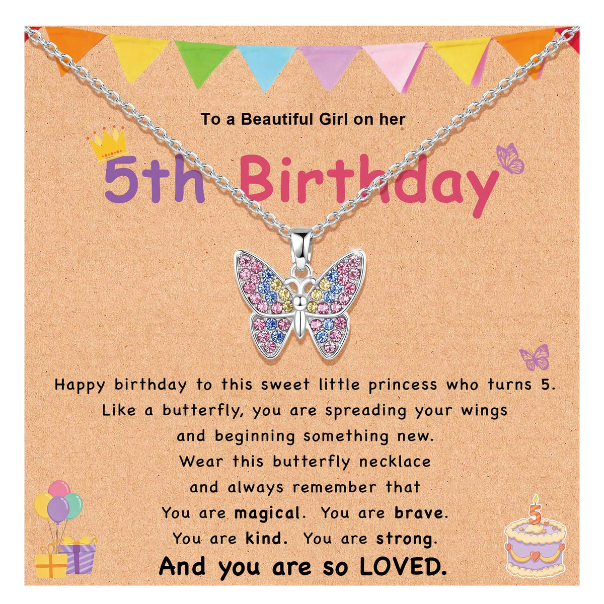 Silver-tone butterfly wish necklace with pink and blue gemstone wings on chain