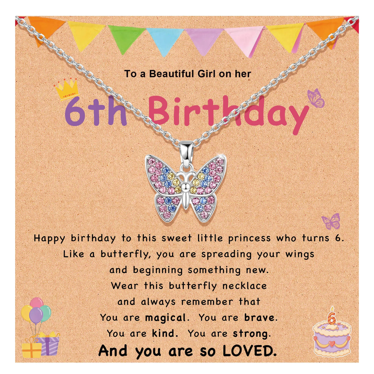 Silver-tone butterfly wish necklace with multicolor gemstone butterfly pendant on chain