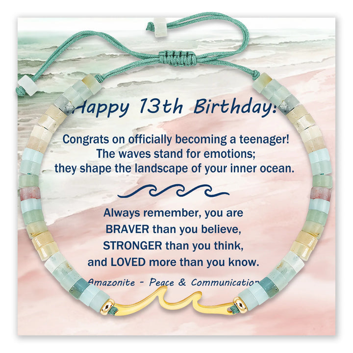 Ocean Wave Birthday Bracelet with wave charm and sea-toned beads