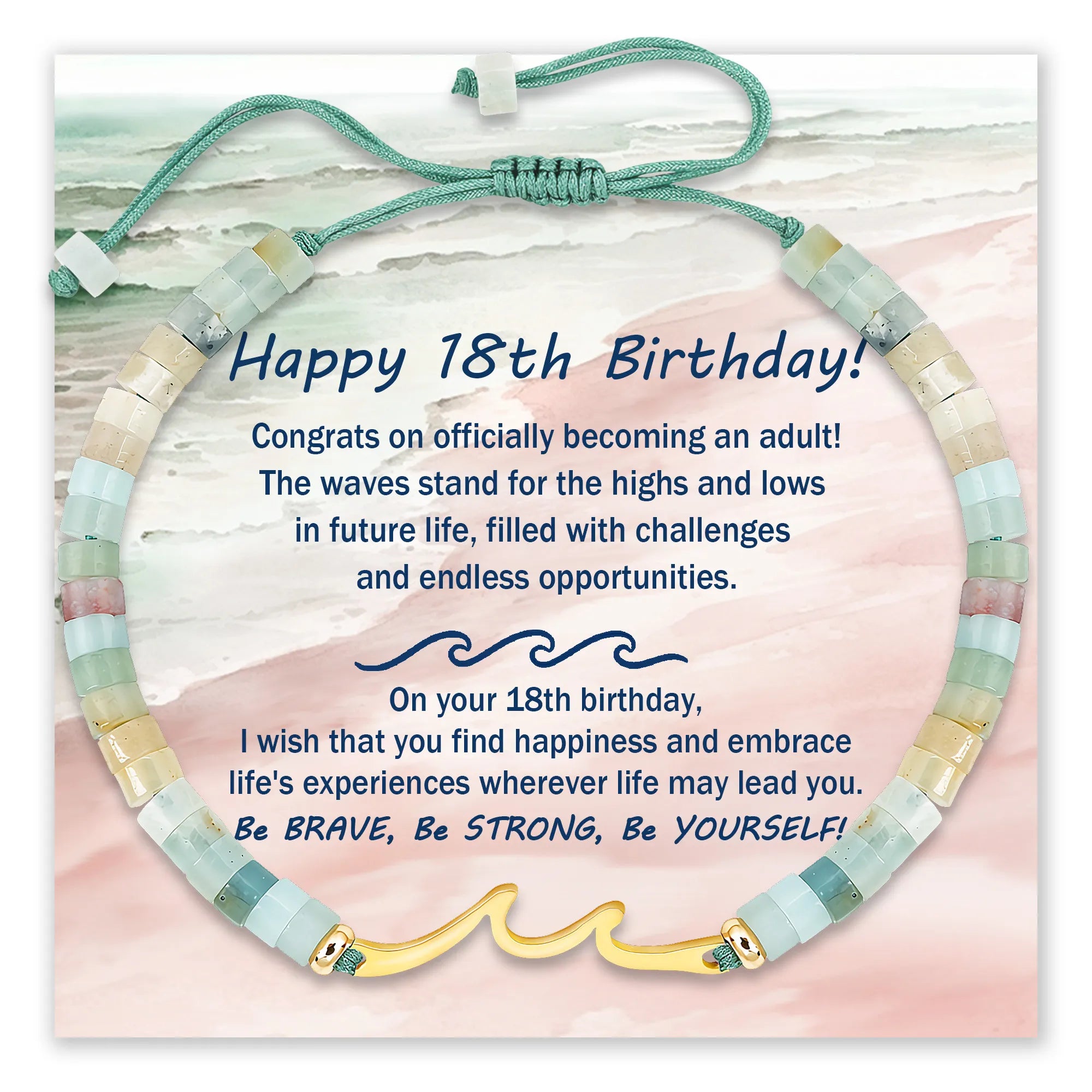 Ocean Wave Birthday Bracelet for 18th Birthday with wave charm and sea-toned beads