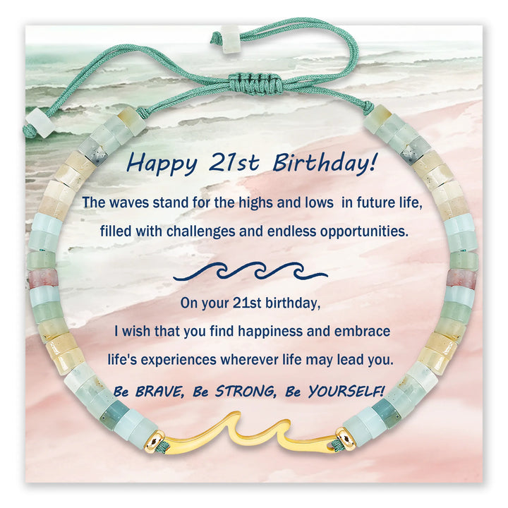 Ocean Wave Birthday Bracelet for 21st Birthday with wave charm and sea-toned beads
