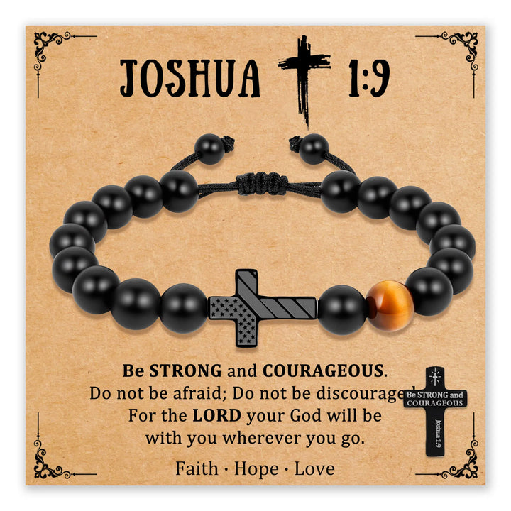 Protective Cross Bracelet with black beads and tiger eye stone