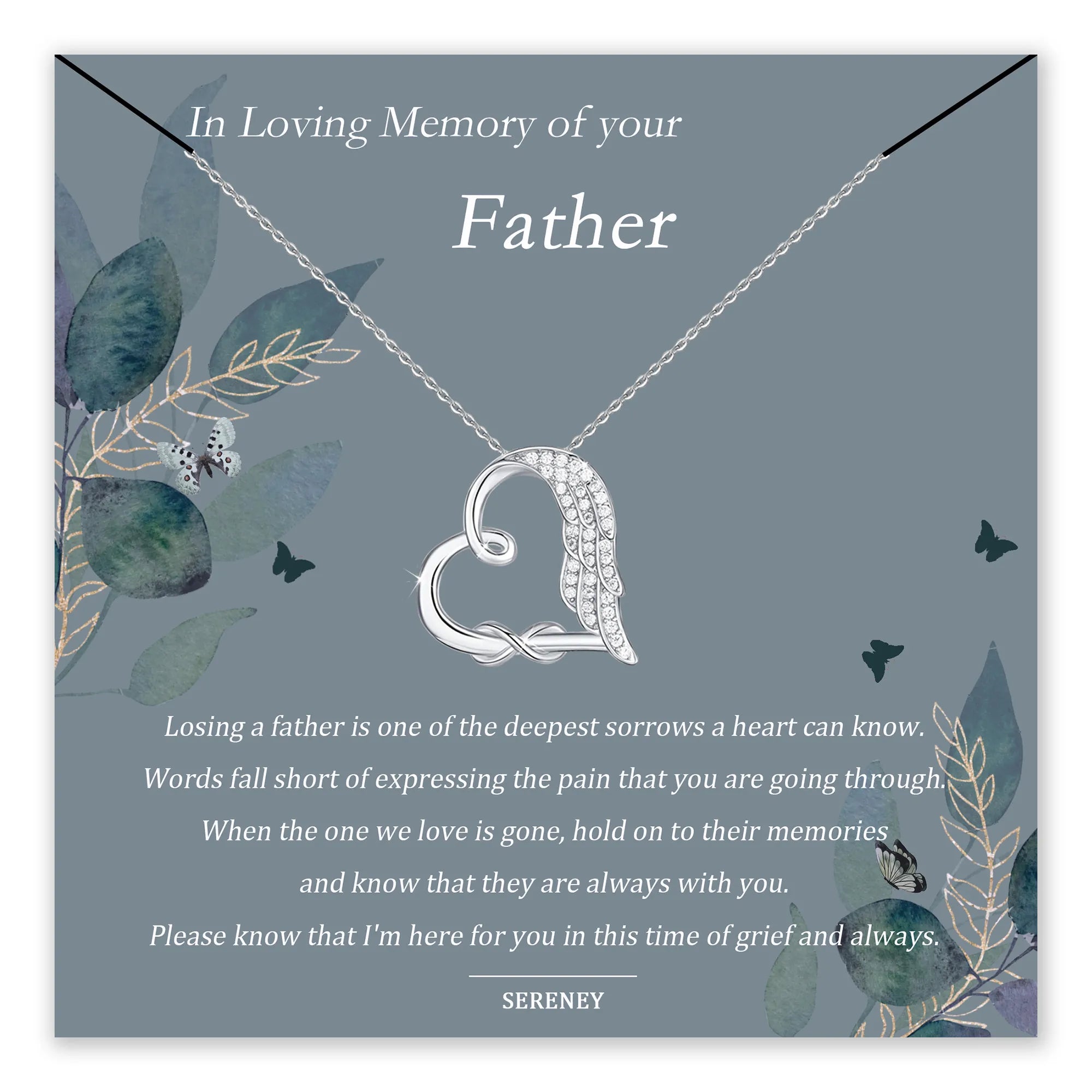 Memorial necklace with heart and angel wing design