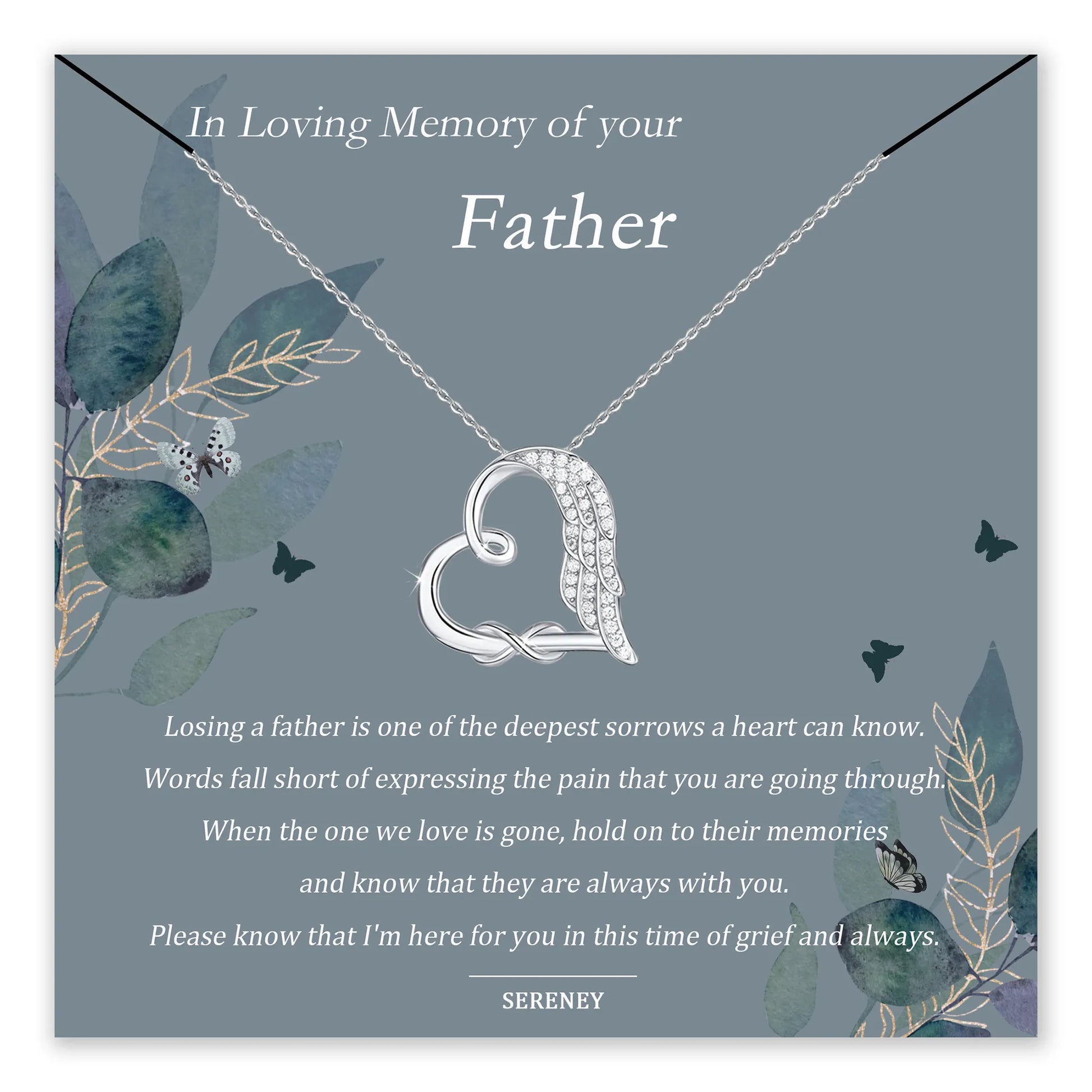 Memorial necklace with heart and angel wing design