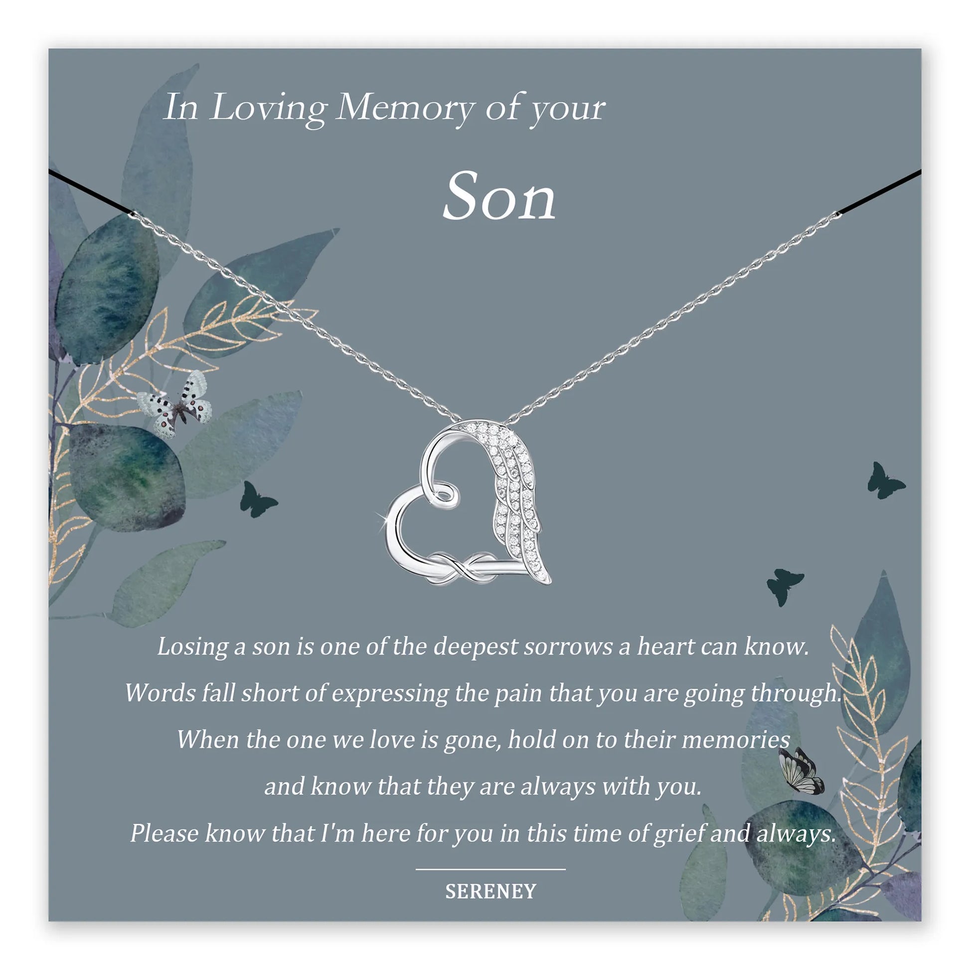 Memorial necklace with heart and angel wing design