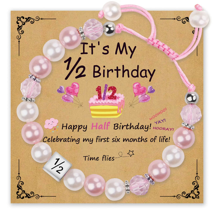 Pink pearl bracelet for half birthday with decorative card