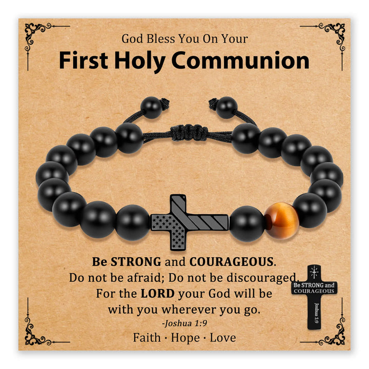 Protective Cross Bracelet for First Holy Communion with black beads and tiger eye stone
