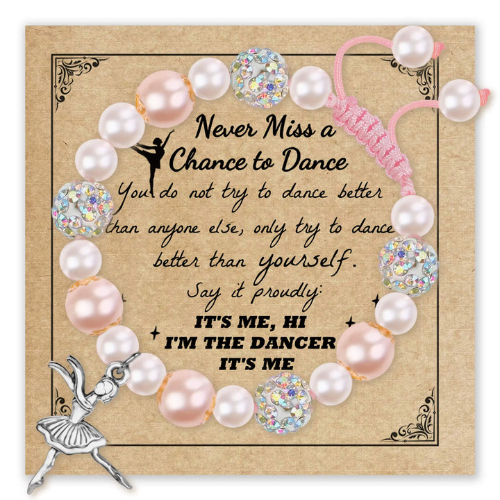 Bracelet with pink and white pearls and a ballerina charm on a decorative card