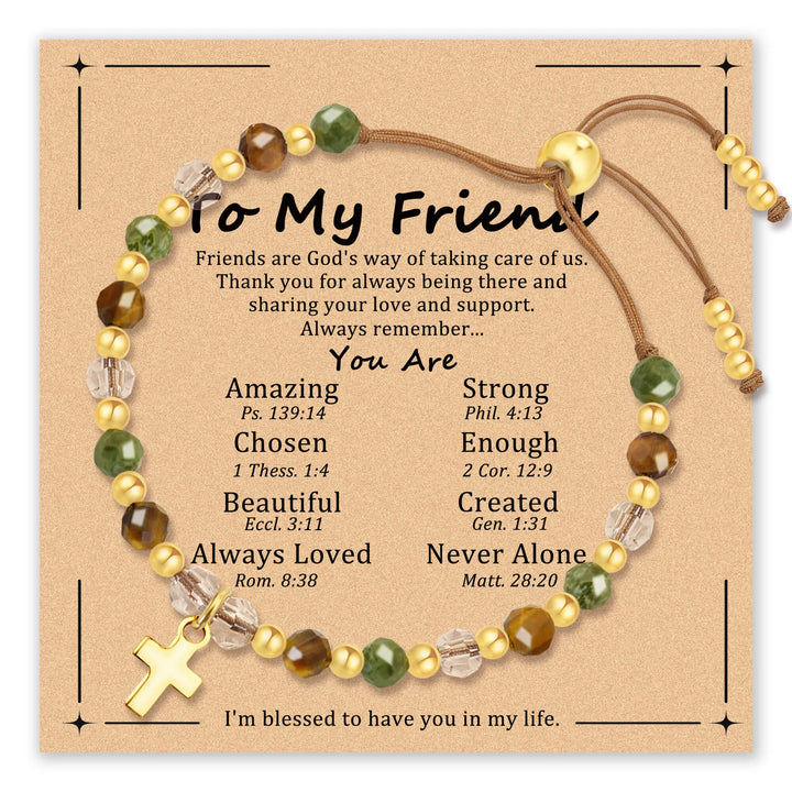 Friendship bracelet with gold-tone cross charm and various beads