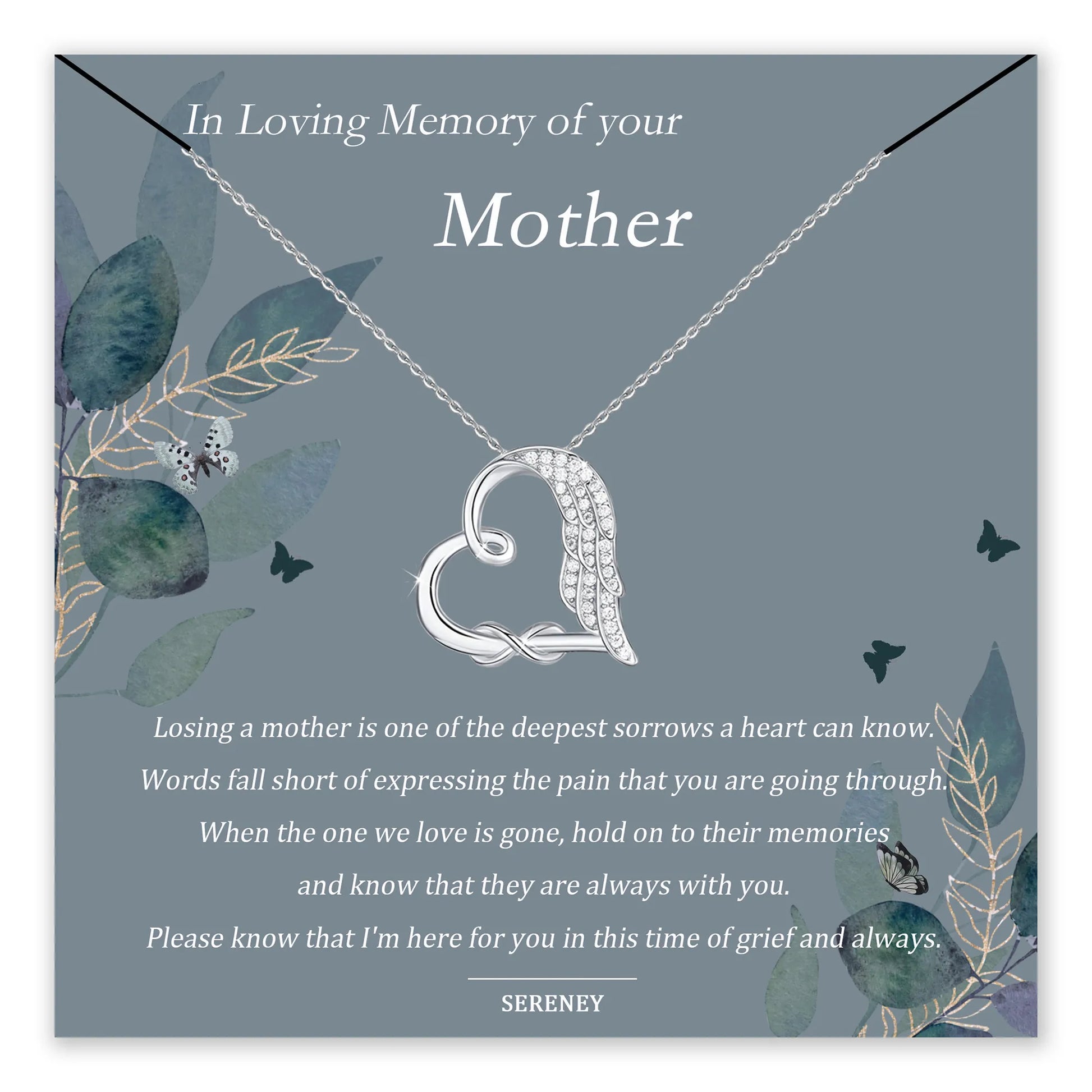 Memorial necklace with heart and angel wing design