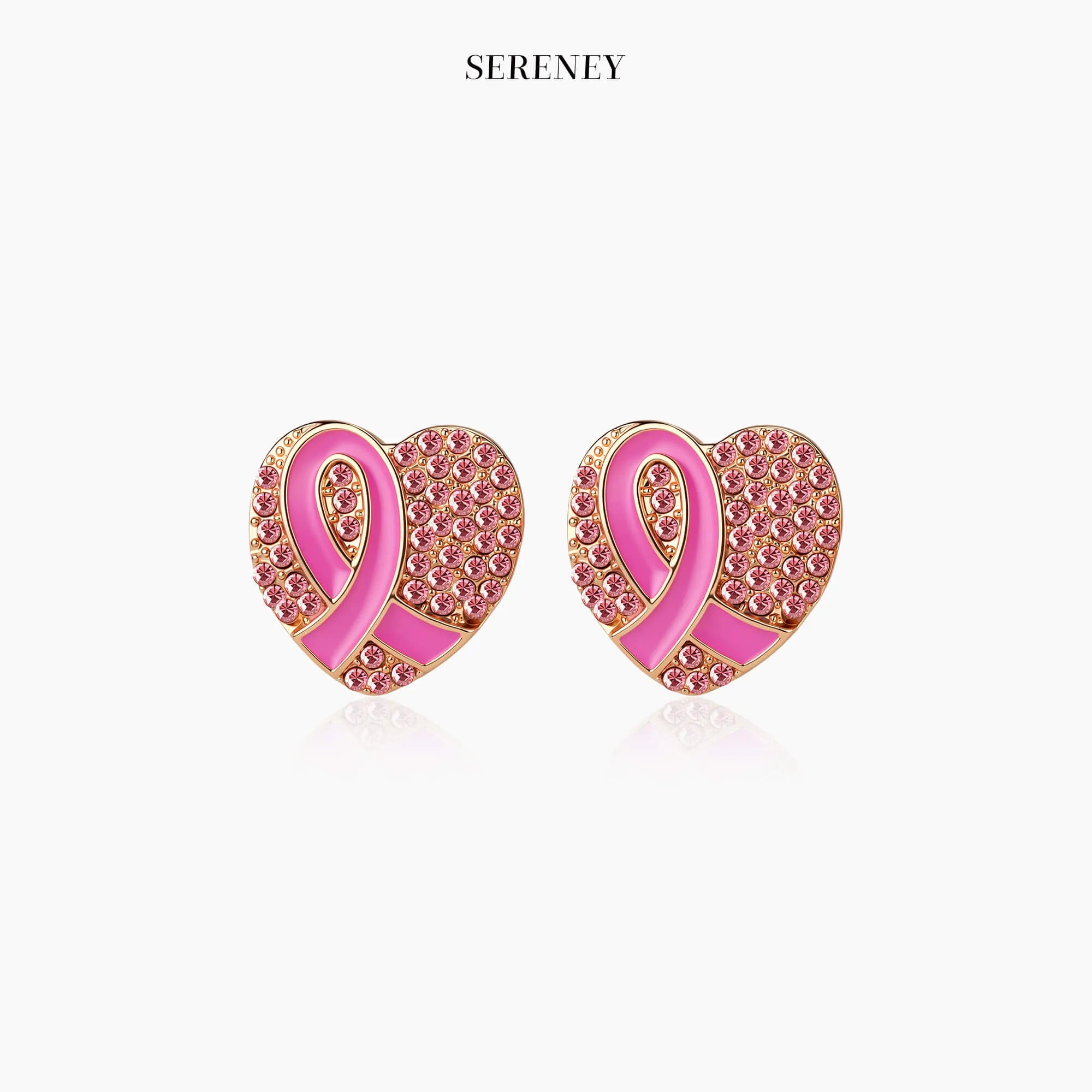 Heart-shaped pink ribbon stud earrings with pink enamel and rhinestone trim