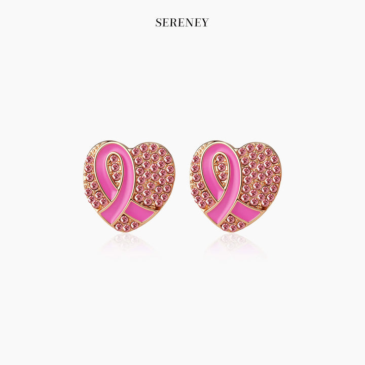 Heart-shaped pink ribbon stud earrings with pink enamel and rhinestone trim
