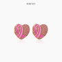 Heart-shaped pink ribbon stud earrings with pink enamel and rhinestone trim