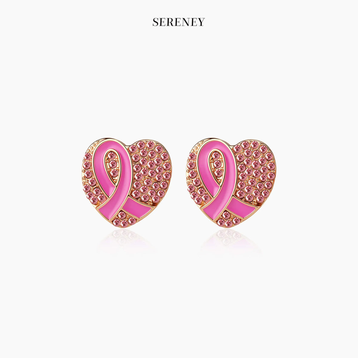 Heart-shaped pink ribbon stud earrings with pink enamel and rhinestone trim