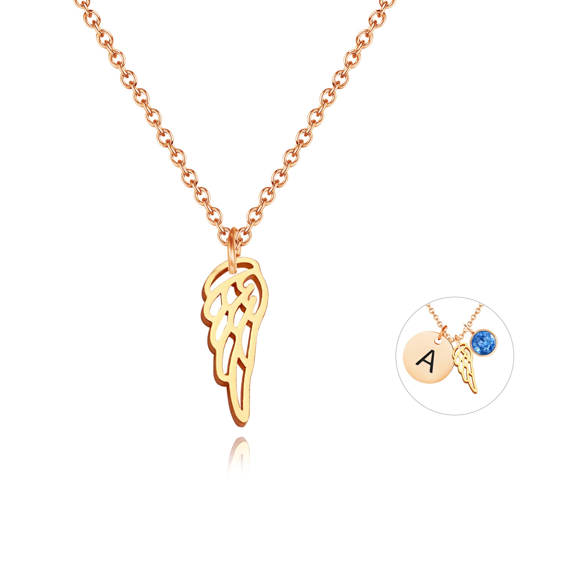 Rose gold angel wing charm shown on a compatible customizable necklace