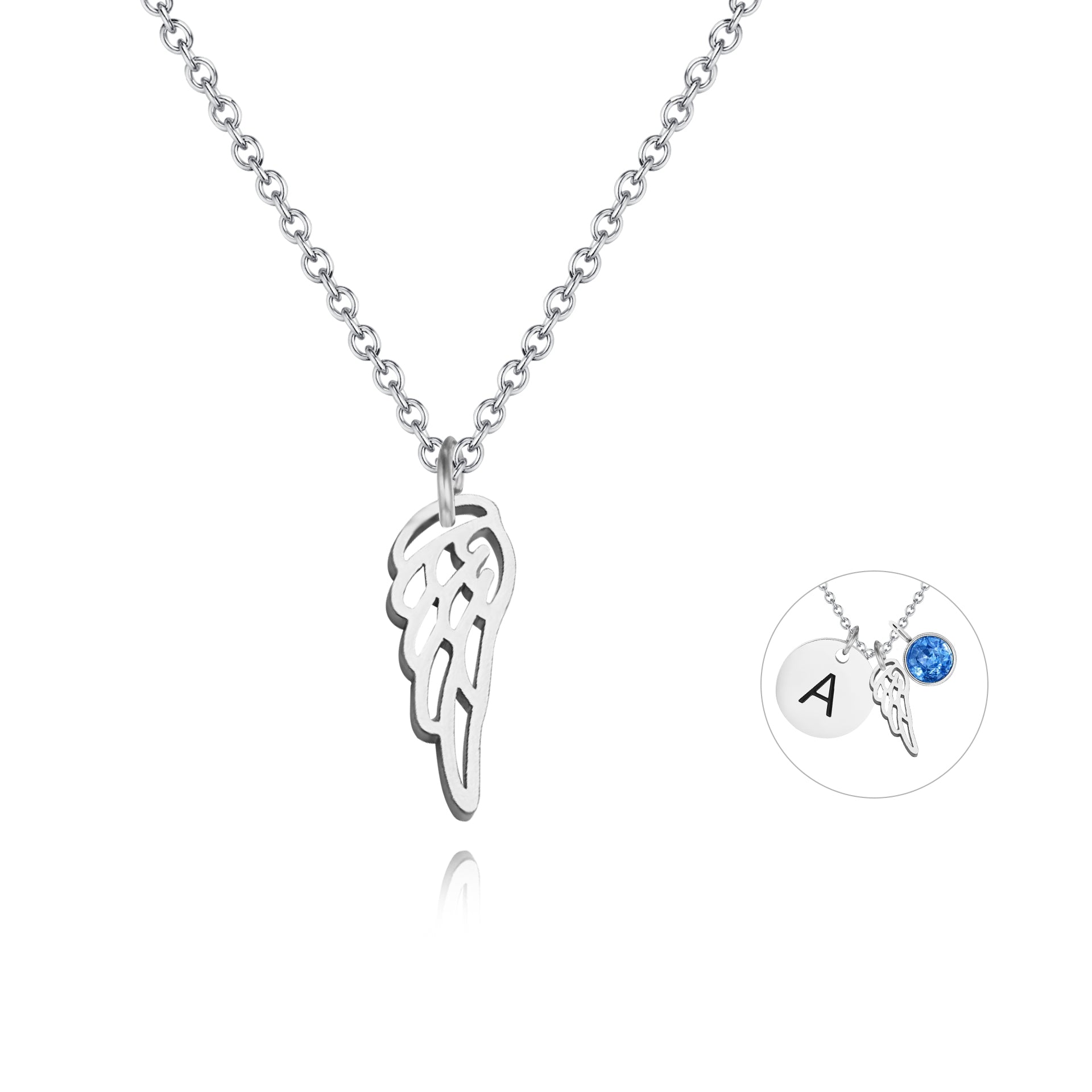 Silver angel wing charm shown on a compatible customizable necklace