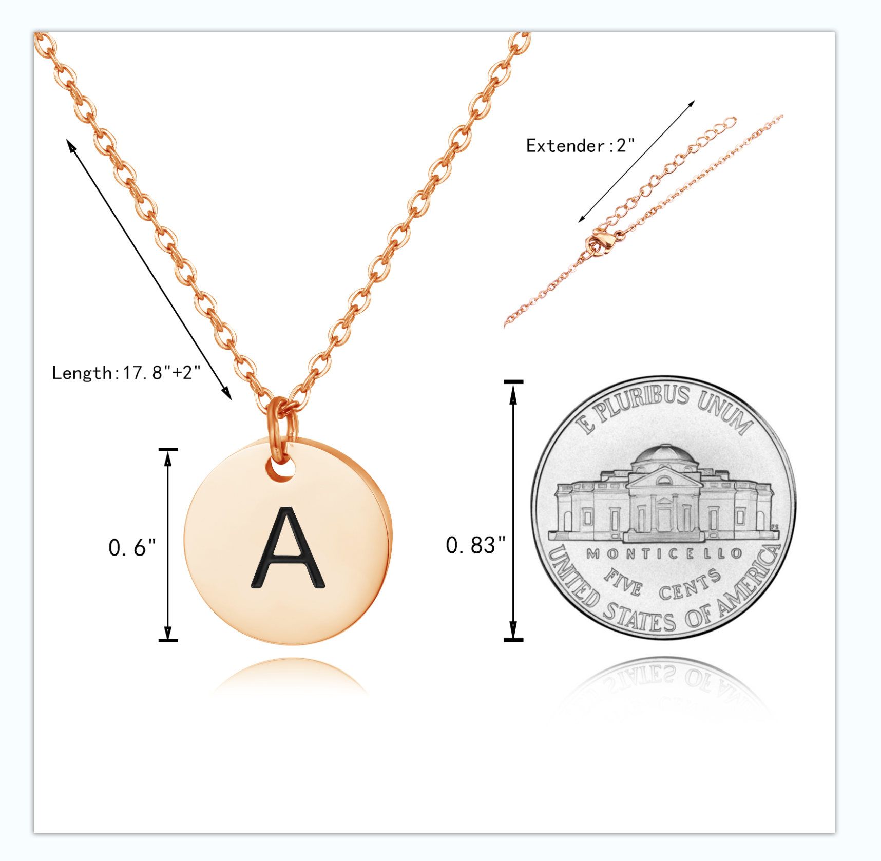 Gold initial charm and necklace dimensions