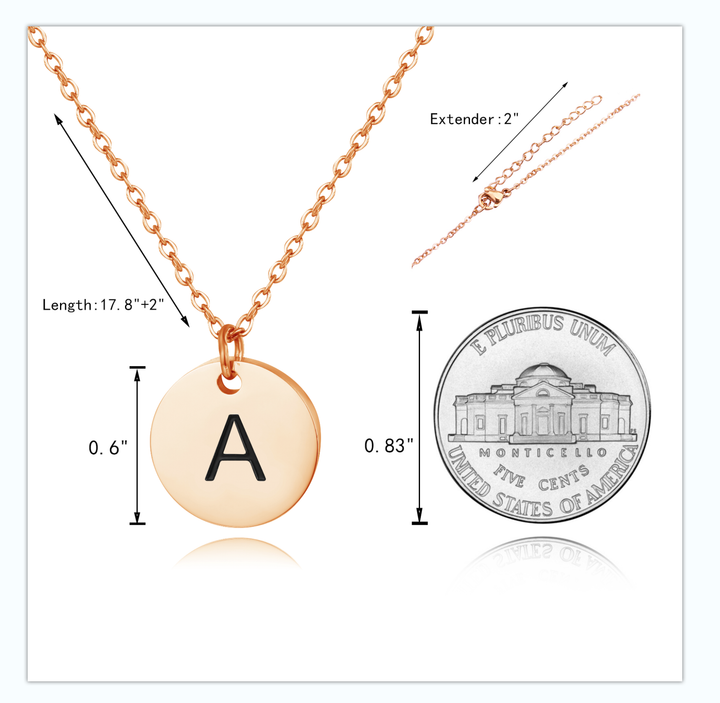 Gold initial charm and necklace dimensions