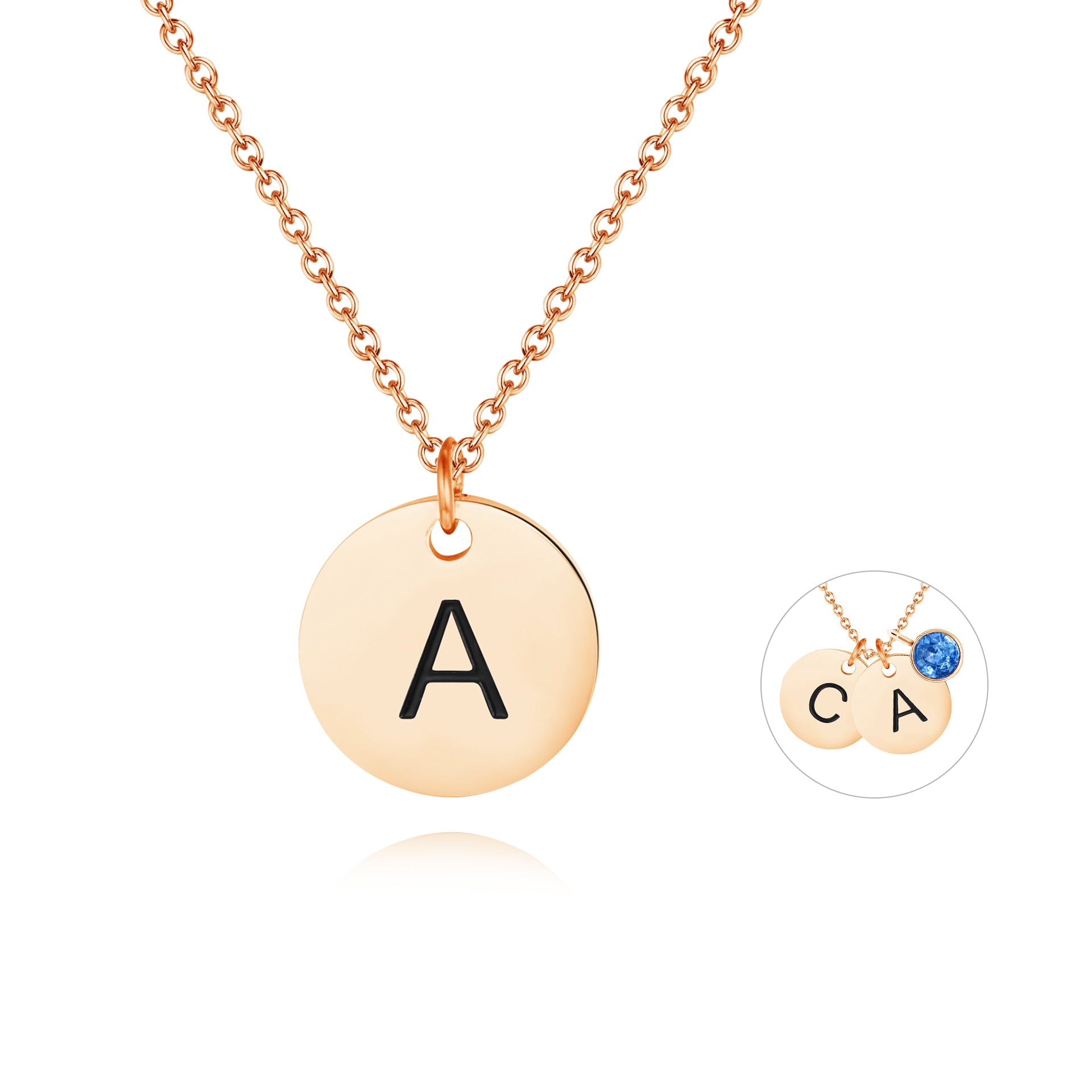 Rose gold initial charm shown on a compatible customizable necklace