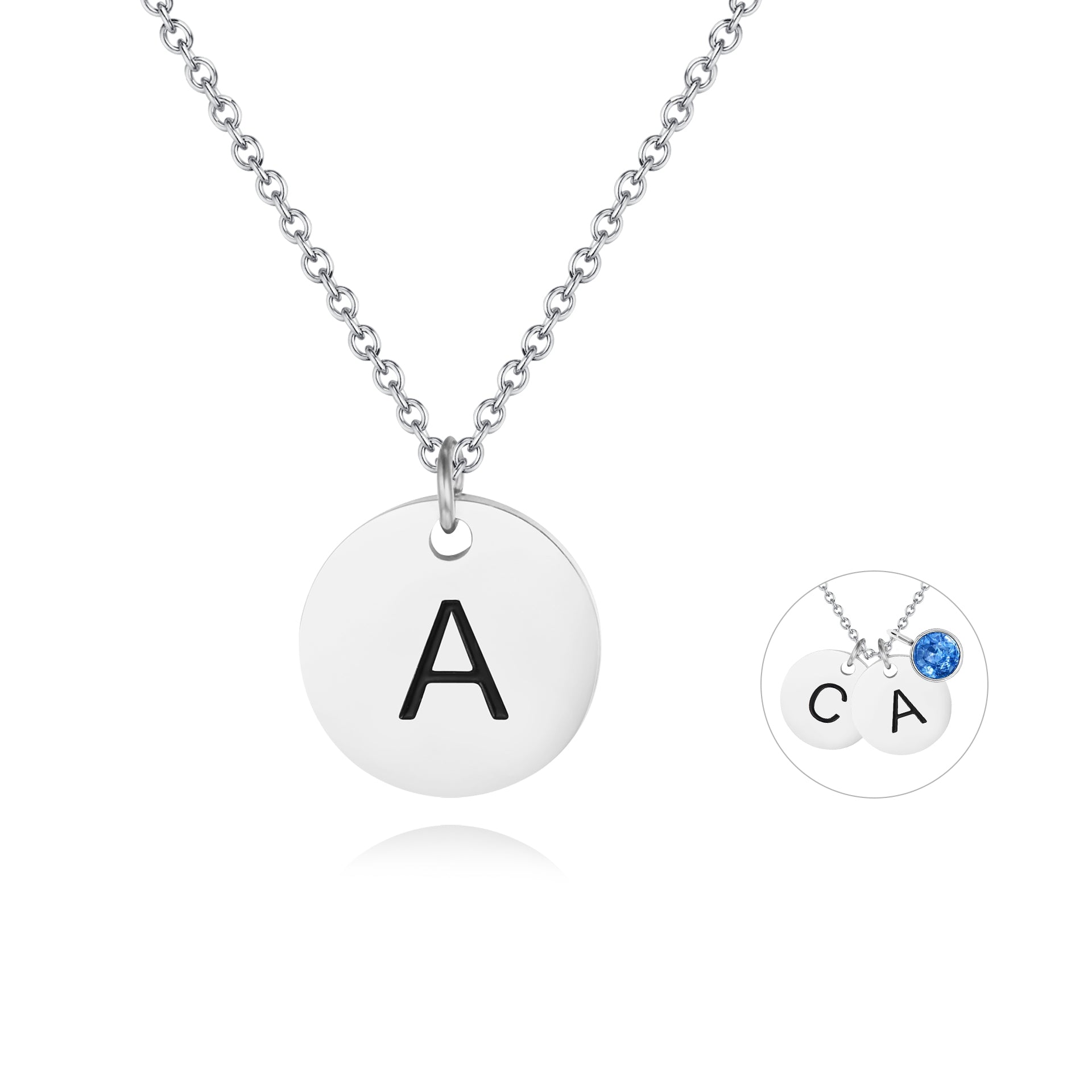 Silver initial charm shown on a compatible customizable necklace