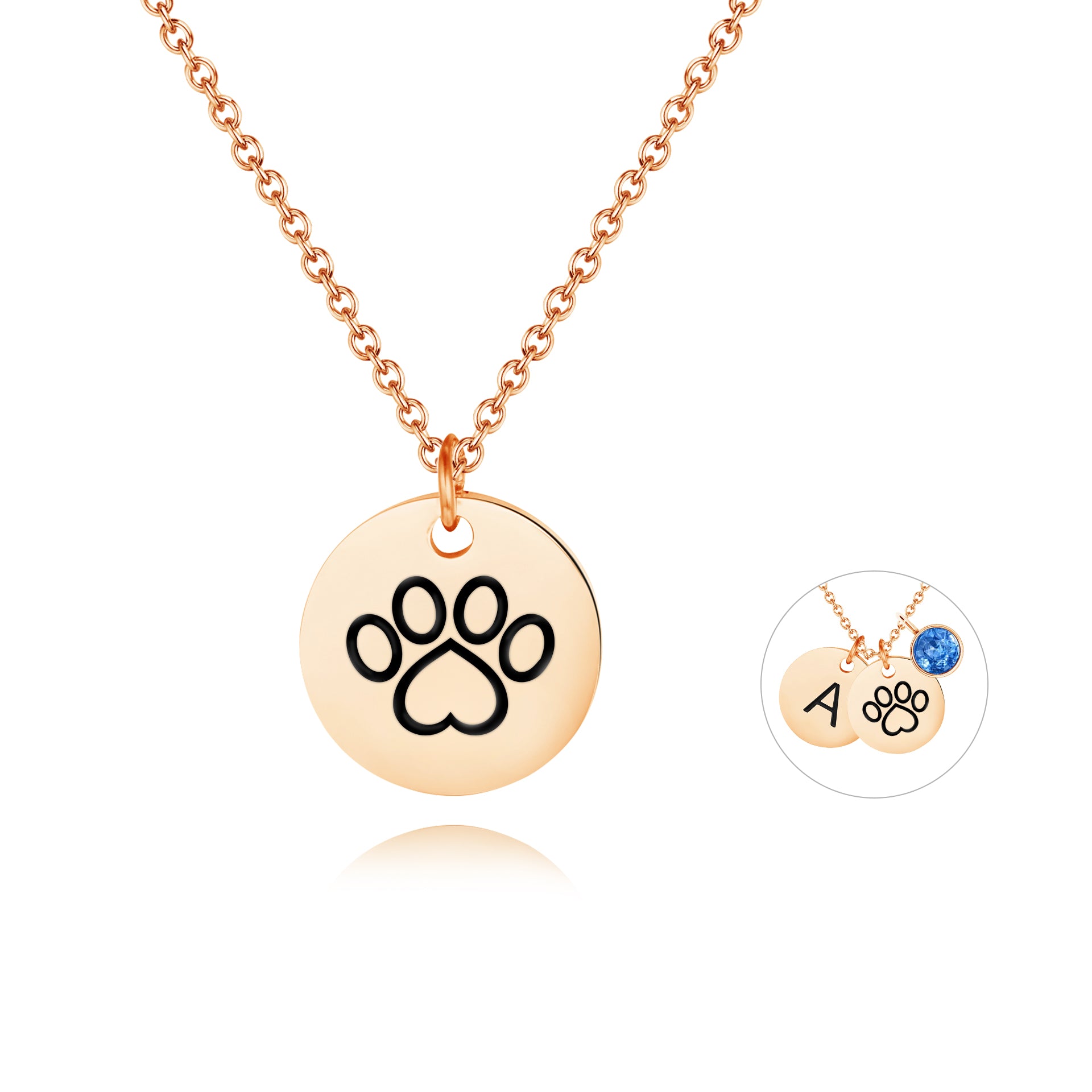 Rose gold paw print charm shown on a compatible customizable necklace