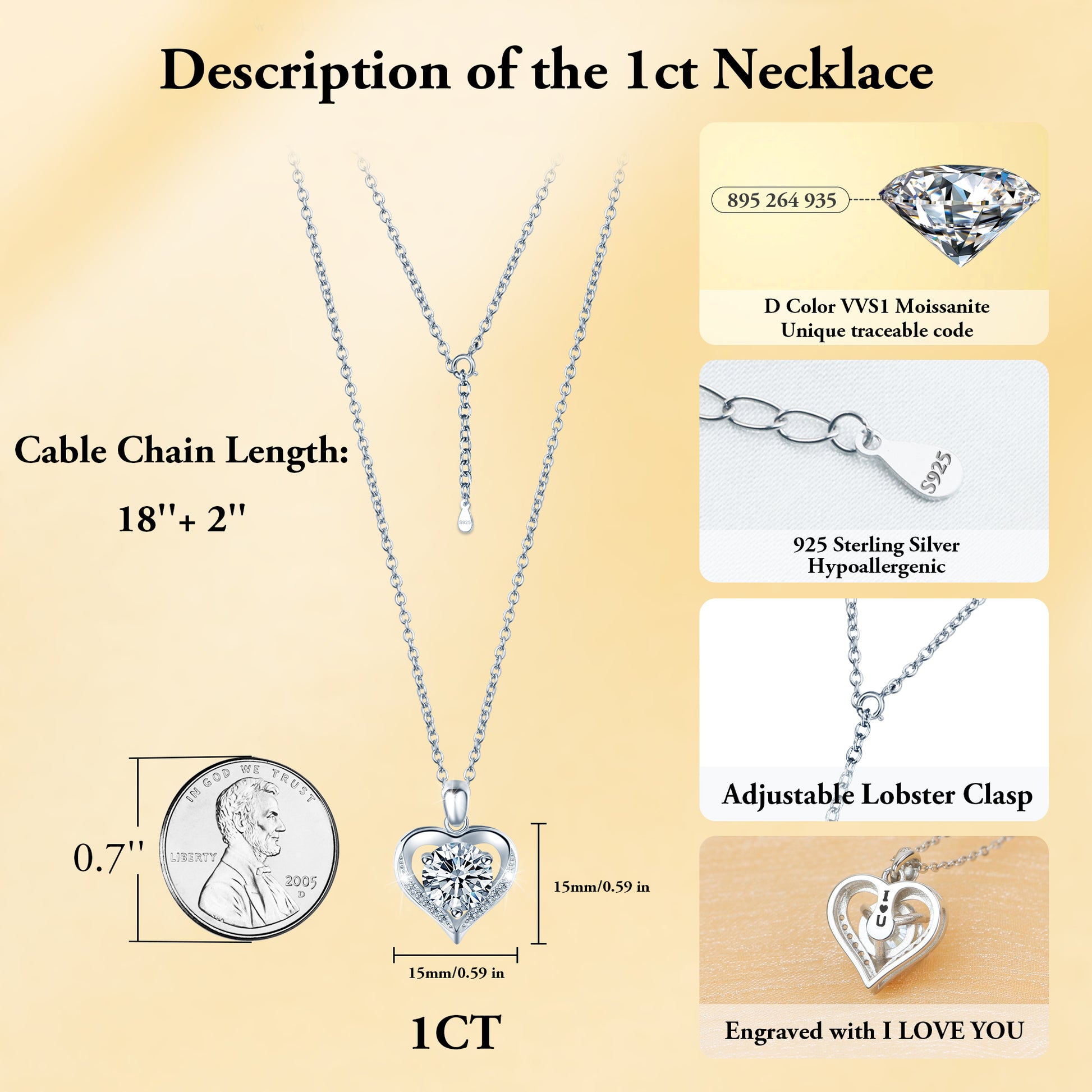 1ct Moissanite Heart Necklace for Women